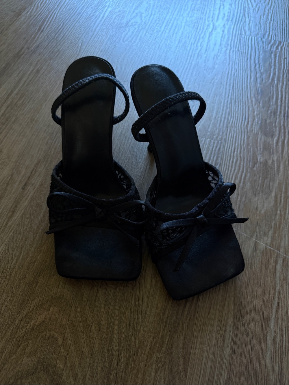 Black Lace Bow Square-Toe Heeled Sandals for Women